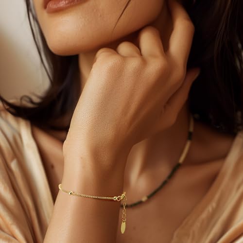 14K Gold Bracelets for Women Adjustable Women’s Bracelet Ball Station Chain Stackable Bracelets for Womens Men Bracelet Jewelry 6.5-9 Inches Including Extension Chain4