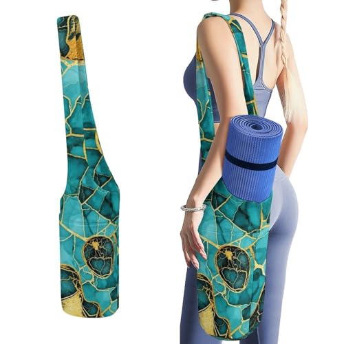 JZDACH Yoga Mat Bag Carrier Turquoise Luxury Texture Gold Glitters Marble Large Opening Long Tote Yoga Mat Bag Fits Most Size Mats for Women