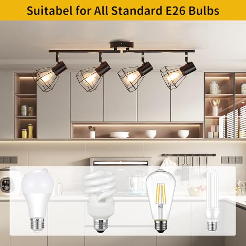 HiBay 4-Light Track Lighting Kit, Directional Rotatable Ceiling Light Fixtures, Black Geometric Metal Cage Industrial Spotlight Fixtures for Kitchen, Bedroom, Hallway, E26 Base (Bulbs Not Included)