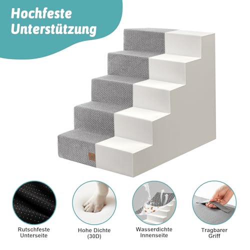 COZY KISS Hundetreppe für Kleine Hunde, 5 Stufen Breiter Haustiertreppe für Bett Couch Auto, 60cm Hoch Hochdichtem Schaumstoff Katzentreppe mit Abnehmbarem Bezug (Grau, 75x50x60cm, 5)