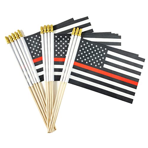 Newperlite Thin Red Line American Firefighter Stick Flag Small Mini Hand Held Flags - Solid Wooden Pole and Spear Top,12 Pack, 5x8 Inches
