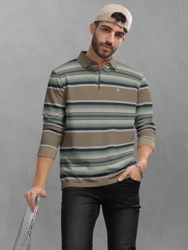 Image of BULLMER Striped Textured Printed Polo Neck Fullsleeve T-Shirt with Rib for Men