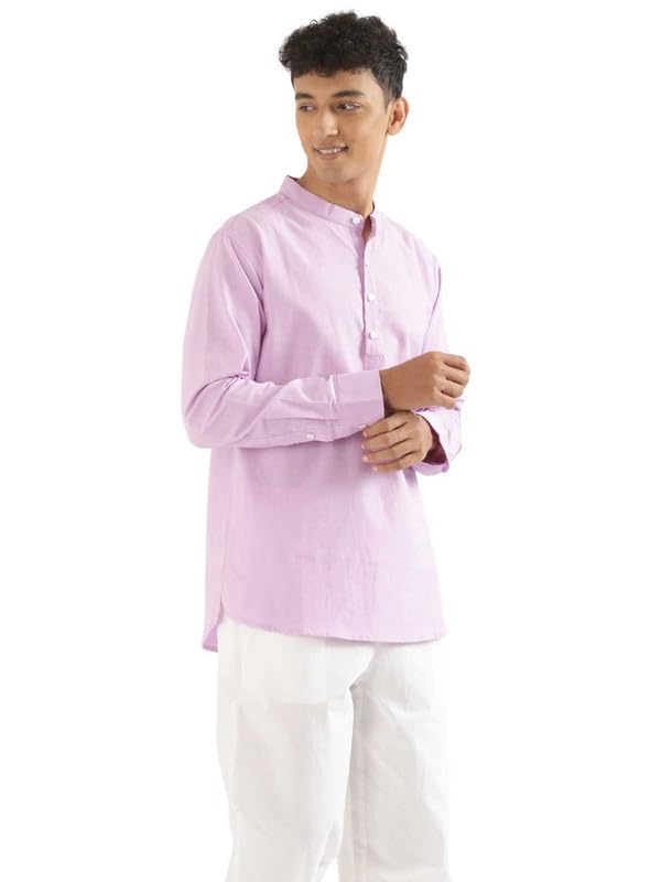 Image of SAADAA Men's Short Kurta - Linen Cotton Blend, Airy Fabric, Regular Fit, Mandarin Collar, Solid Color - Casual, Festive & Ethnic Wear