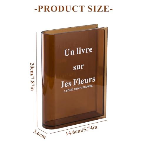 Book Shape Flower Vase - Clear Acrylic, Aesthetic Decoration for Home, Office or Bookcase, Flower Pot, Personalized Gift for Book Lovers (Brown) — view 6