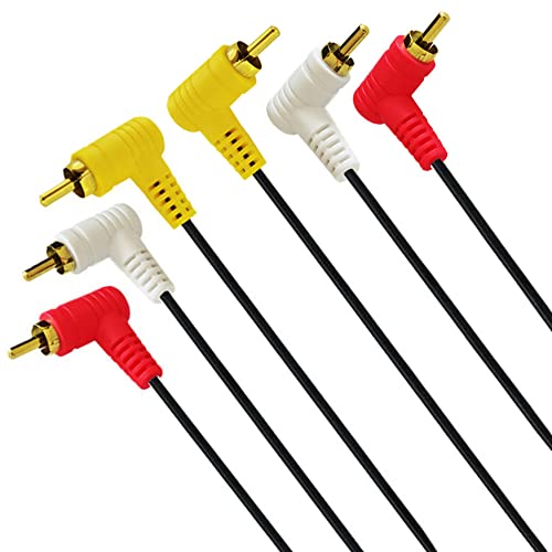 Traovien 1.5m/5ft 3RCA Audio Video Cable - Gold Plated 90 Degree Right Angle Male to Male Splitter for Set-top Box, TV, Camera, Power Amplifier, VCD, DVD, VCR