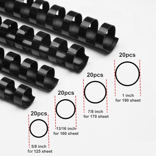 Rayson CR16202225BK Plastic Binding Combs 5/8 in. 13/16in, 7/8in, 1in, 19-Ring Letter Size, Black Comb Binding Spines, Multi-Size Pack of 40