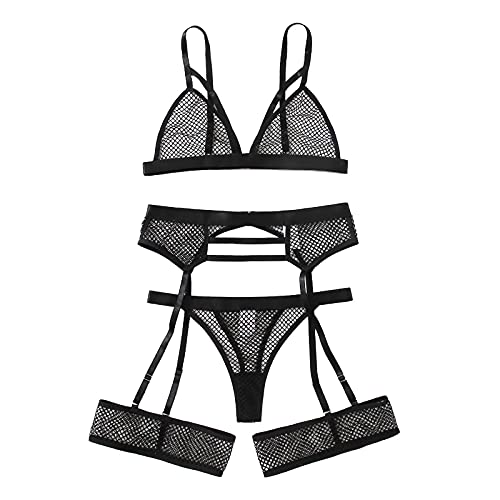 riou Lenceria Sexy Ligueros y Medias para Mujer, Ligueros Conjunto de Sujetador Cabestro Transparente de Cintura Alta y Tanga de Babydoll