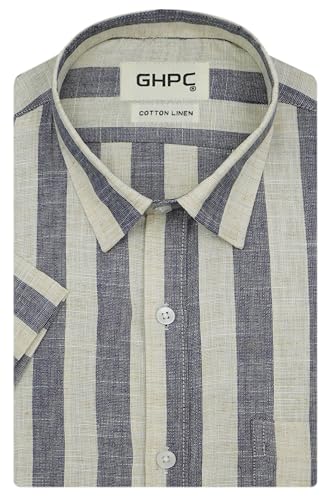 Image of GHPC Cotton Linen Striped Half Sleeves Regular Fit Formal Shirt for Men
