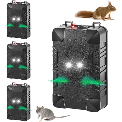 Jahy2Tech Under Hood Rodent Deterrent with Strobe Light & 3 Power Supply Methods, Professional Ultrasonic Mice Repellent Rat Squirrel Deterrent for Cars Trucks RV Engine Bay Warehouse Attic, 4 Pack Cover