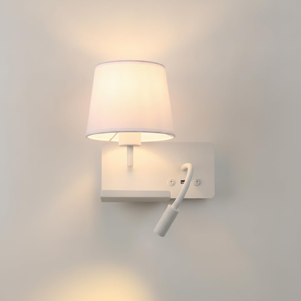 BARCELONA LED Wandleuchte mit USB-Anschluss und Ablage, Leselampe für Bettkopfteil mit E27-Fassung, schwenkbare LED-Leseleuchte 3W 2700K, Stoffschirm für Schlafzimmer, Hotelzimmer, Weiß