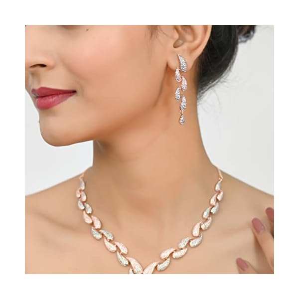Ratnavali Jewels American Diamond CZ Rose Gold Plated Designer Jewellery Set/Necklace Set with Chain & Earring for Girls/Women (RV3382RG) - Image 5
