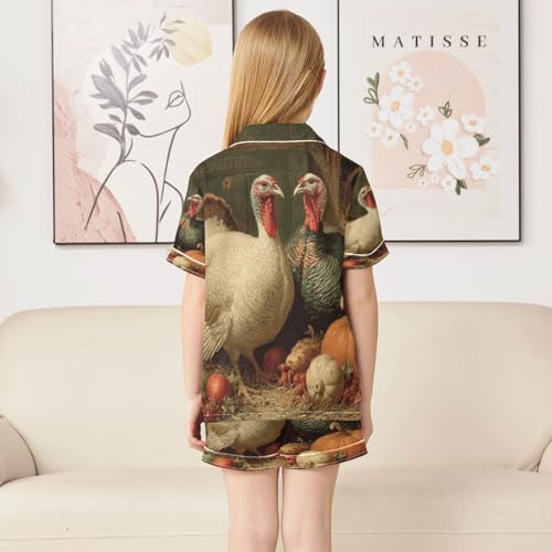Satin Pajama Sets Short Sleeve Vintage Turkeys Fall Button Down Silky Nightwear 2 Piece PJS 5-14Y4