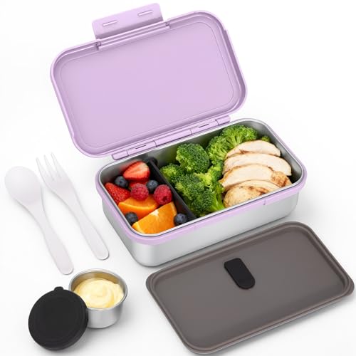 Image of JSLOVE Stainless Steel Lunch Bento Box for Adult, 30oz Leak-Proof Lunch Container, Stainless Metal Kid Bento Box with Adjustable Divider, Sauce Container, Microwave, Dishwasher & Freezer Safe(Purple)
