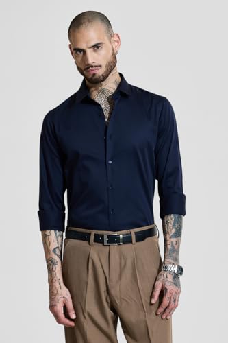 Image of SNITCH Men Formal Shirt | Slim Fit Long Sleeve Spread Collar Solid Design | Premium Cotton Blend & Breathable Fabric for Office & Casual Wear