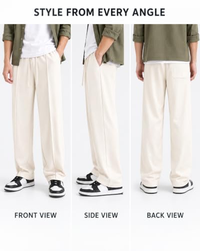 Generic Men's Wide Leg Loose Fit Trousers, Elastic Waist, Cream, Size - Image 4
