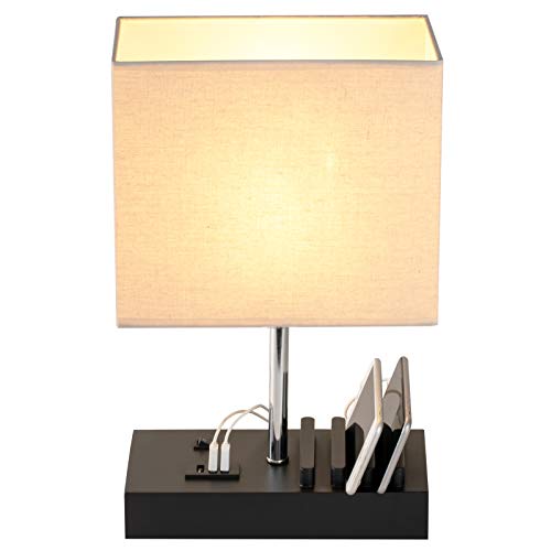 Briever USB Bedside Table Lamp, Desk Lamp with 3 USB Charging Ports and Phone Charge Dock, Black Wood Charging Station and Organizer, Perfect Light for Bedroom, Guest Room, Living Room, Office