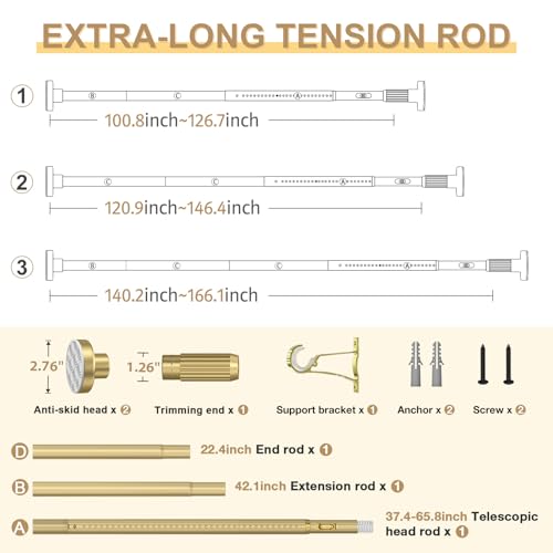 Image of Gold Tension Curtain Rod 41-166In(4-14Ft), Extra Long Outdoor Curtain Rod No Drilling for Window or Bathroom Patio, Adjustable Spring Shower Rod,Rod Diameter 1.26In-One-bond stretching