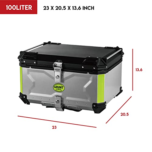 Grunt Sports 100L Motorcycle Tail Box Top Case - Scooter Universal Storage Trunk – Waterproof Aluminum Luggage Tour Helmet Box With Security Lock - Includes Back Cushion (Silver, 100L) #TOP7