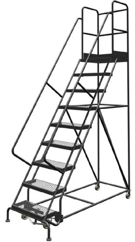 Image of Tri-Arc KDSR109242-D2 9-Step 20 inch Deep Top Steel Rolling Industrial & Warehouse Ladder with Handrails, 24 inch Wide Grip Strut Tread