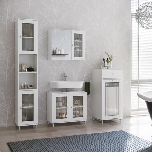 Set Di Mobili Da Bagno Vicco Bianco, Con Mobile A Specchio, 4 Pezzi - 3