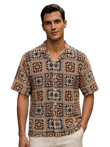 Image of GRECIILOOKS Men`s Shirt | Mens Casual Crochet Knitted | Half Sleeve Printed Crochet with Cuban Collar Shirt`s | Relaxed fit Textured & Stylish Premium Mens Shirt