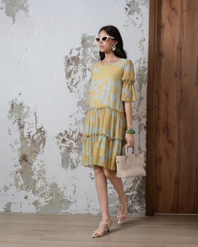 SIXDO G-Yellow Printed Woven Loose Dress, Casual Spring Summer Dress S — view 3