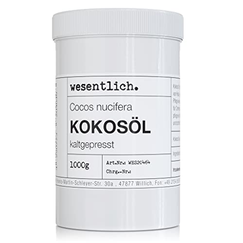 Kokosöl kaltgepresst 1000g - reine Pflege für Haut und Haar - ohne Zusätze - in wiederverschließbarer Schraubdeckeldose von wesentlich.