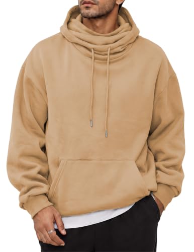 JMIERR Men's Fleece Hoodie Relaxed Fit Pull-Up Neck Pullover,Apricot,S