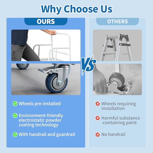 Image of 4-Step Rolling Ladder with Handrails 4 Lockable Wheels, Rolling Stairs with 39.4 inch Heigh Anti-Slip Platform with Fencehail, Industrial Platform Ladder for Supermarket Warehouse Factory, 23.6 inch W x59 H