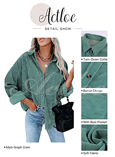 Actloe Womens Corduroy Shacket Jacket Button Down Shirts V Neck Blouses Tops Dressy Casual Long Sleeve Tops With Pocket Fall Fashion X-Large Green #TOP4