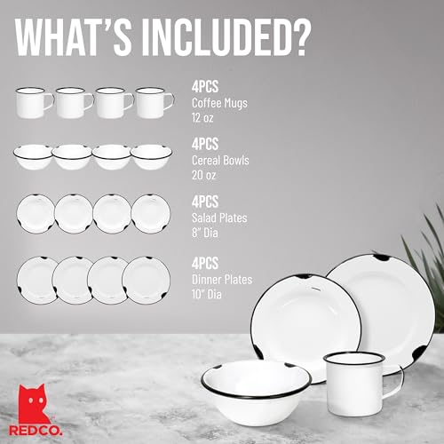 Redco16pieceenamelwaremetaldinnerwaresetfor4distressedwhiteblackrim Urban Country Home Decor Red co 16 piece enamelware metal dinnerware set for 4 distressed whiteblack rim urban country home decor