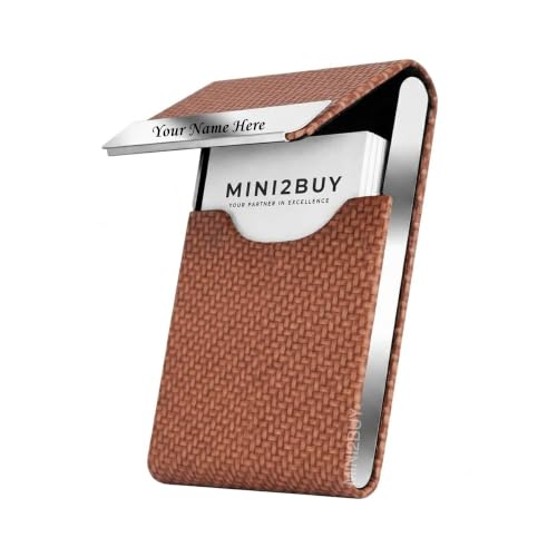 Image of MINI2BUY Customized Business Card Holder for Man&Women Metal Classy Visiting Card Holder for Pocket PU Leather Wallet Slim Cards Case with Metal Magnetic Clasp 20 Cards (6X9.5Cm Brown)
