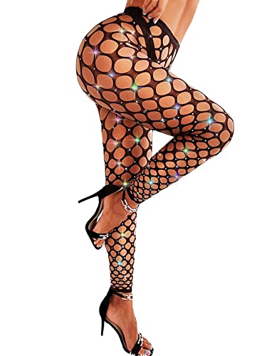 RSLOVE Women Sexy High Waist Tights Rhinestone Sparkle Fishnet Stockings Pantyhose Leggings Lingerie Pants