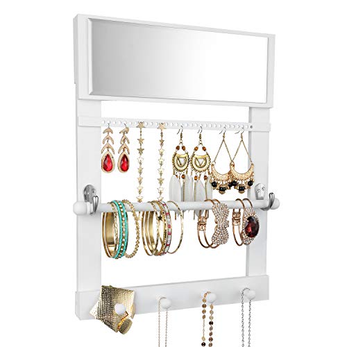 Vencipo Rangement Bijoux avec Miroir, Etagère Mural en Bois pour Accrocher Boucle d Oreille, Présentoir Bijoux pour Présentoir Bracelet, Boite a Bijoux avec Crochets pour Presentoir Collier, Porte-Bag Cover