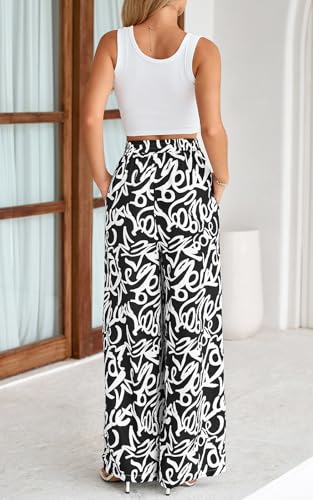 Image of PRETTYGARDEN Womens Pants Elastic Waist Floral Lightweight Palazzo Pants for Women Casual Lounge Wide Leg Pants Woman