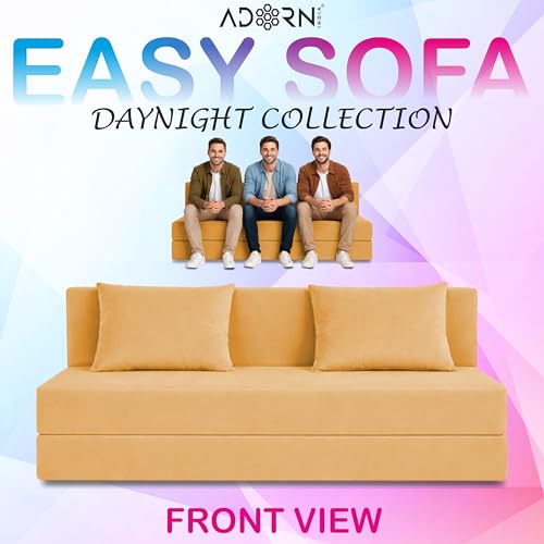 Image of Adorn India Easy 3 Seater Sofa Cum Bed | Velvet Fabric | Yellow | Plain Design | 6x5 Ft | Comfortable Seating | Washable Cover | Perfect for Home & Office