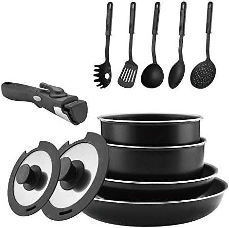 Abizoe 12 Piece Non-Stick Cookware Set Non-Stick Pans and Pots with Removable Handles, Space Efficient Excellent for RVs and Compact Kitchen (Black 12 pieces)