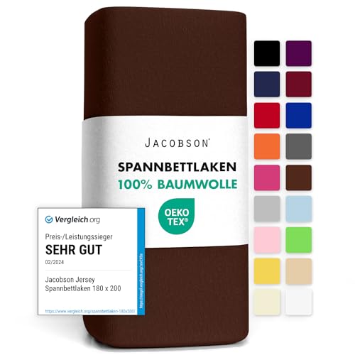 Jacobson Jersey Spannbettlaken Spannbetttuch Baumwolle Bettlaken (140x200-160x200 cm, Schokobraun) – Ansicht 1