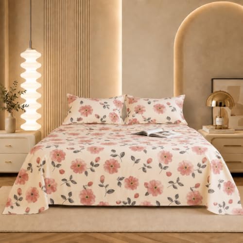 Image of MARROW LANE 300 TC Soft Air Cotton Double Bedsheet | Blush Poppy | Flatsheet with 2 Pillow Covers | Pink Floral Print (228.6 x 254 cm, Pink & White)
