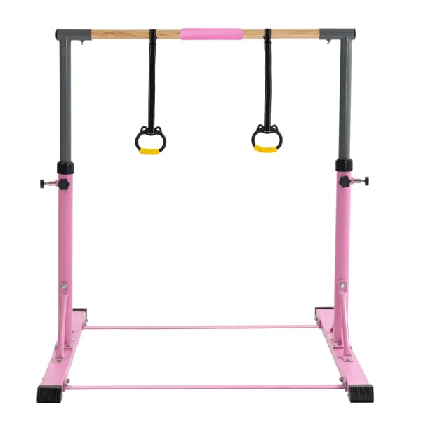 BGTR Gymnastics Training Bar with Handgrips, 5FT/6FT Adjustable Height Gym Equipment, Pink Gymnastics Kip Bar for Kids and Teenager Ages 3-15, Gymnastic Horizontal Bar for Gymnast