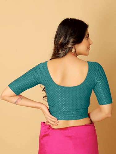 Image of Amazon Brand - Anarva Round Neck Dobby Cotton Lycra Stretchable Elbow Half Sleeve Readymade Saree Blouse for Women Stylish