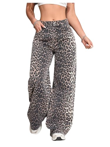 Floerns Women's Y2k Cheetah Print Wide Leg Jeans High Waisted Baggy Casual Denim Pants Brown and Black X-Large