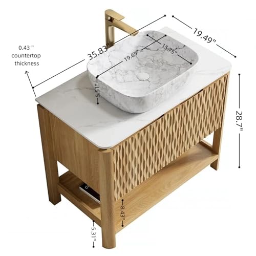 Image of 36 inch Bathroom Vanity with Sink, Freestanding Bathroom Storage Cabinet with Marble-Pattern Ceramic Basin & 2 Bamboo Texture Doors, Floor Stand Vanity Combo with Bottom Open Shelf, Natural