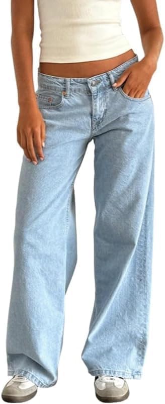 Wide Leg Denim Jeans for Women Y2k Jeans Low Rise Baggy Jeans Zipper Denim Pants Casual Loose Fit Boyfriend Work Daily Outfit High Elasticity Trousers with Pockets