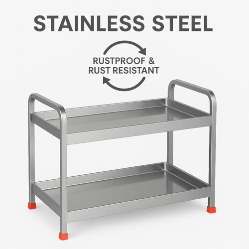 Image of Stainless Steel Kitchen Storage Rack for Pantry, Spice Rack, Jars & Utensils, Heavy Duty Organizer for Kitchen and Bathroom (2TIER Plane Surface Large)(Size 47 * 29 * 21)