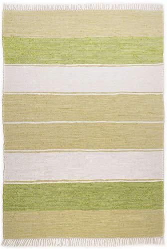 Theko Sona-Lux Teppich handgewebt Dhurry Fleckerl gestreift grün
