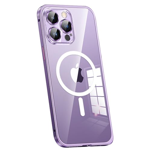 Coque iPhone 15 Pro Max MagSafe transparente violette avec pare-chocs métallique ultra mince