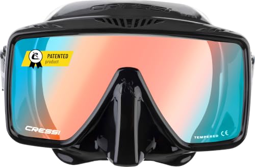 Image of CRESSI since 1946 - SF1 Mask - Frameless Square Mask with Tempered Lens for Freediving and Snorkelling, Black /380 UV /Orange Blue Lens, One Size Unisex