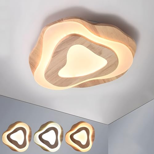 WayLuoung Plafonnier LED Bois | Ø40cm 36W 3300Lm | 3000K-6000K Dimmable Avec Télécommande, Lampe Moderne Bois Naturel + Nuages Acryliques, Salon Chambre...