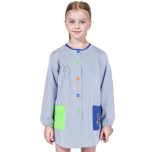 H HANSEL HOME Bata Escolar Infantil con Botones para 11-12 años, Babi Infantil Bata con dos Bolsillos Niño y Niña para Guarderia y Colegio - Azul, Talla 12(11-12 años)